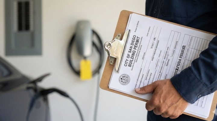 A Mizo Electric professional holding a City of San Diego building permit in front of an EV charger, highlighting our commitment to handling all necessary permits and ensuring code-compliant installations for our clients.
